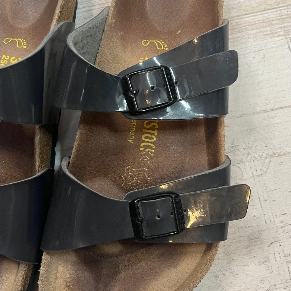 Birkenstock Arizona Dark Grey Birko-Flor Patent Sandals Size 8-8.5
